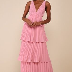 Lulus Mesmerizing Essence Pink Pleated Backless Tiered Maxi Dress - Size M